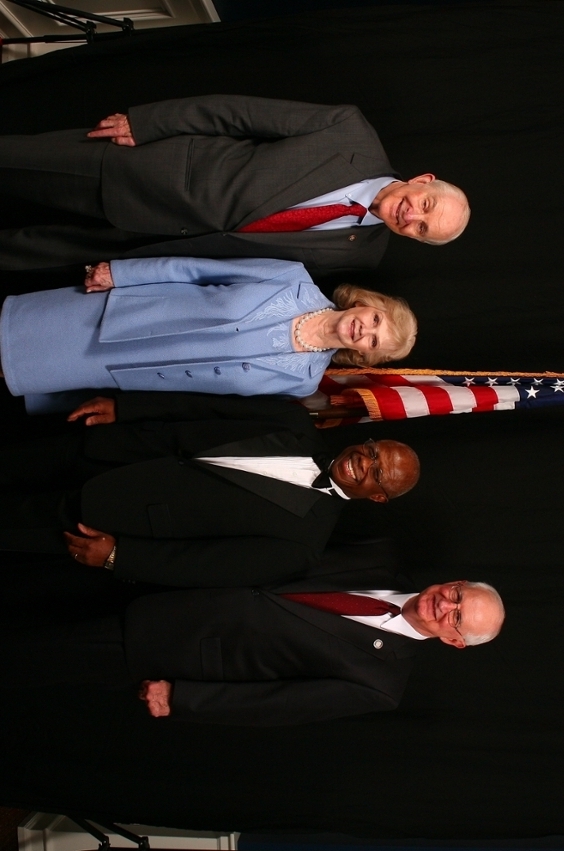 Pictured (l to r): Congressman Sam Johnson, former Tom Landry Award recipient and honorary chair; Alicia Landry, honorary chair; Fred Moses, 2012 Tom Landry Award recipient; and Ronald Skaggs, DBU trustee.