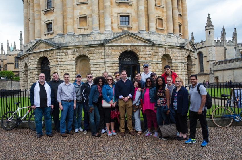 DBU professors and doctoral students gather in front of the Radcliffe Camera in Oxford as a part of the annual Oxford Institute.