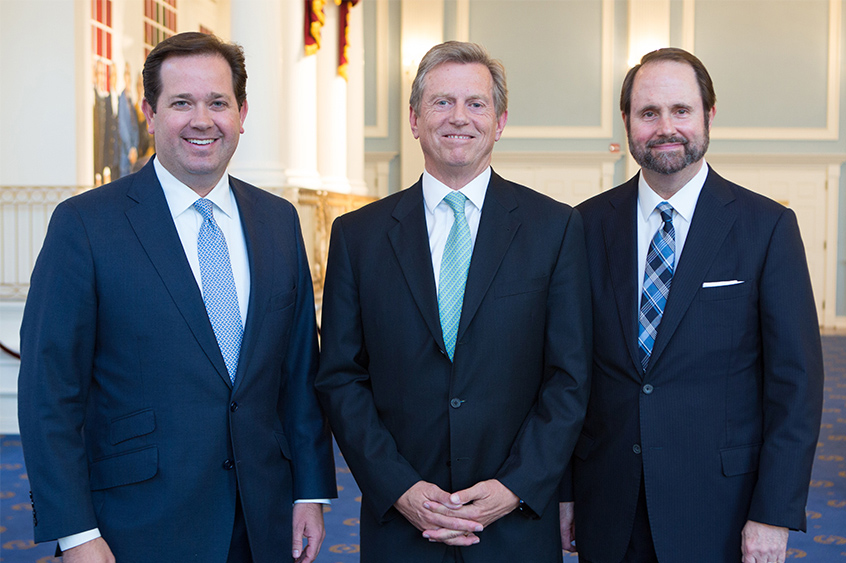 Dr. Peter Dysert with DBU President Dr. Adam C. Wright (left) and Co-founder and President of the Denison Forum on Truth and Culture and Senior Fellow for the IGE Dr. Jim Denison (right). Photo by: Brittni Bean.