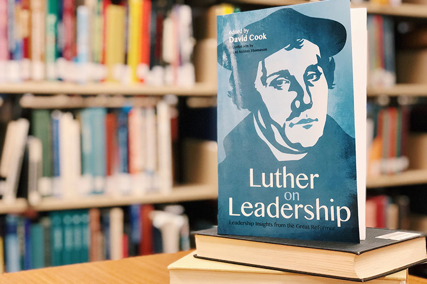 The book, Luther on Leadership, displayed in the library