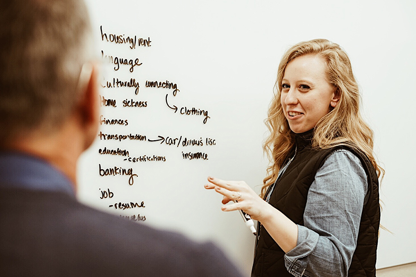 Elizabeth explains her business plan drawn on the whiteboard