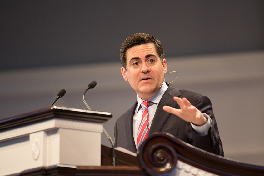 Russell Moore speaks from the podium in chapel