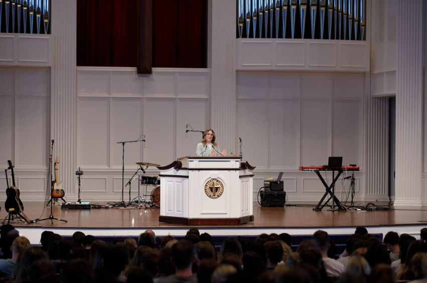 Dr. Fruge speaking in Chapel