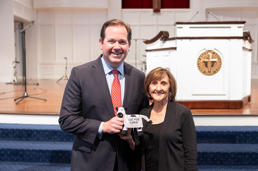 Trudy Cathy White from Chick-fil-A speaking in chapel on the DBU campus in Dallas