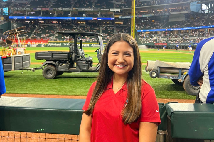 DBU student Alexis Delagarza at Globe Life Field interning as a part of the Charley Pride Fellowship