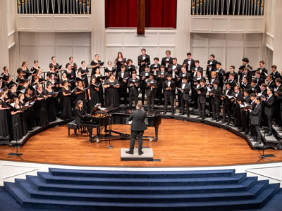 DBU's chorus performing in the Pilgrim Chapel on the DBU campus in Dallas