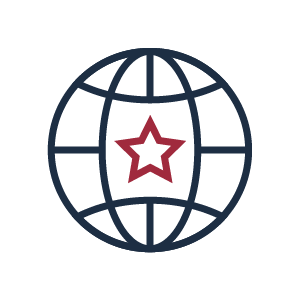 outline of a navy globe with a red outline of a star in the middle