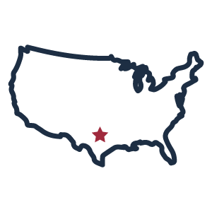 outline of the United States with a red star over Dallas, TX