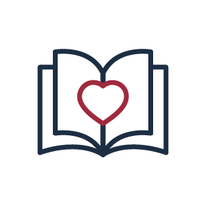 outline of a navy book with a red outline of a heart in the middle