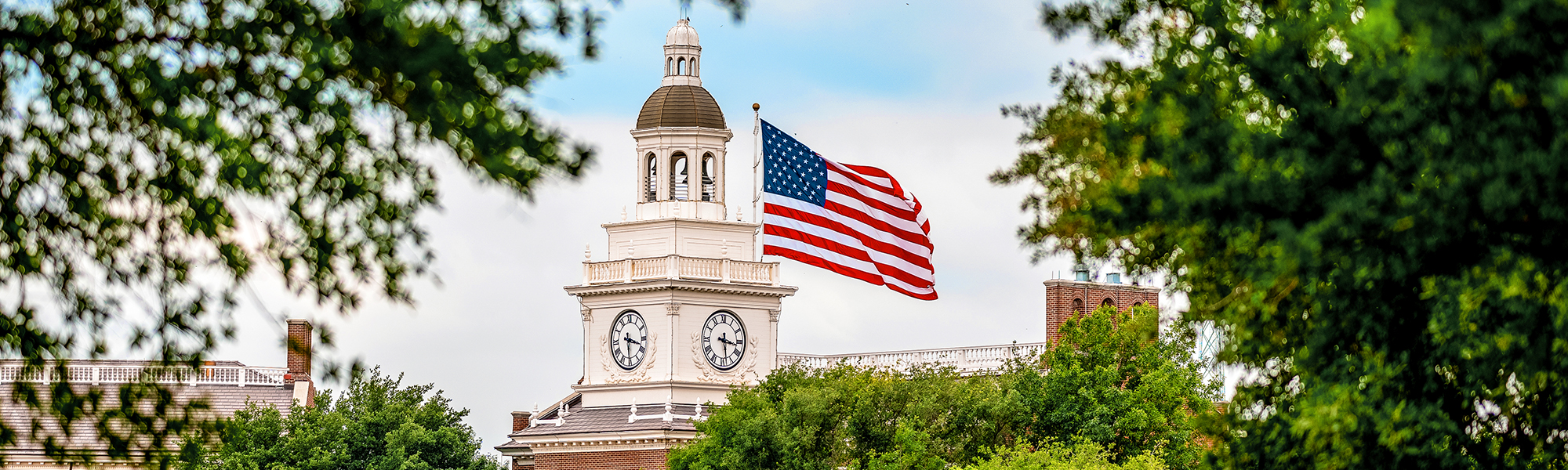 Dallas Baptist University campus with Mahler student building and American Flag flying through trees