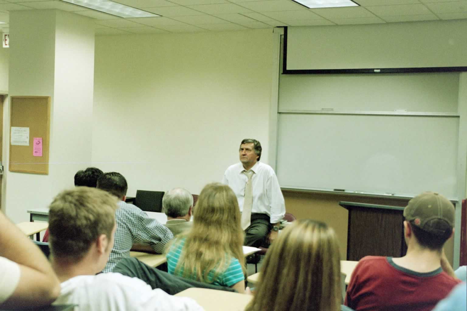 picture of Paul Marshall speaking in a classroom of students