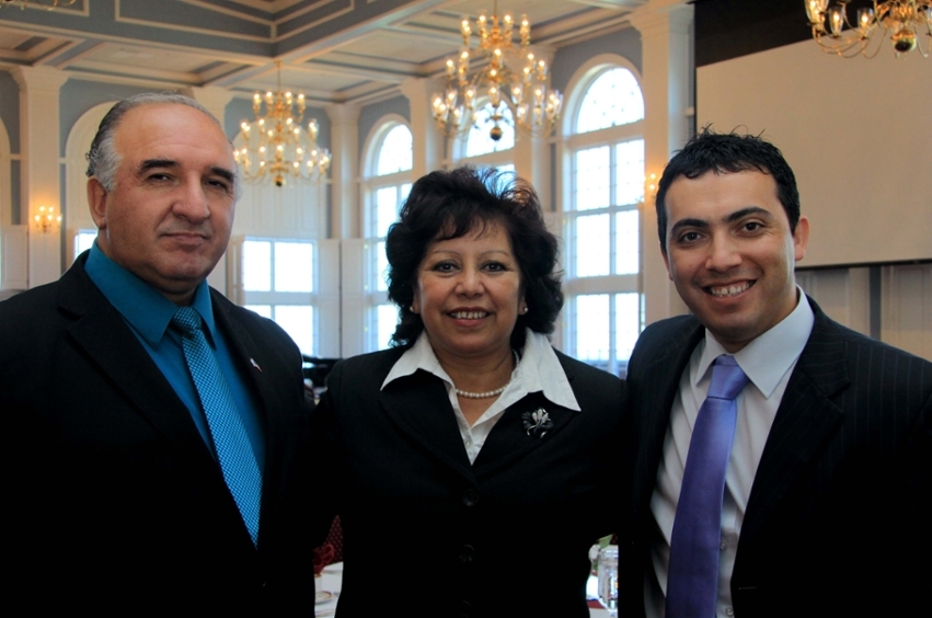 Jose Henriquez, was the guest chapel speaker at Dallas Baptist University on Monday, March 26. Henriquez was one of 33 Chilean miners trapped underground for 69 days in 2010. He is pictured with his wife, Blanca, and DBU alumnus Miguel Faundez.