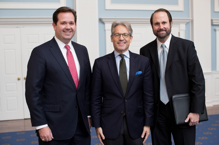 Eric Metaxas (center) along with Dr. Adam Wright, vice president and dean of the Gary Cook School of Leadership (left) and Dr. Jim Denison, founder and president of the Denison Forum on Truth and Culture and senior fellow of the Institute for Global Engagement.