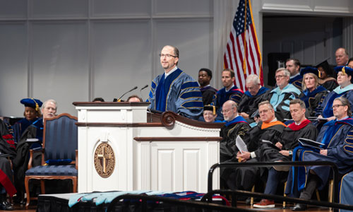 Dr. Brent Taylor speaking at DBU's commencement ceremony