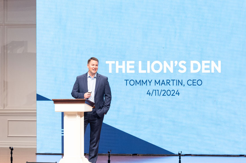 Tebow Group CEO Tommy Martin speaking at The Lion's Den DFW on the DBU campus