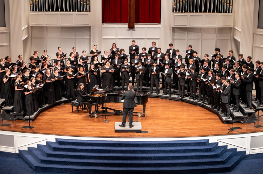 DBU's chorus performing in the Pilgrim Chapel on the DBU campus in Dallas