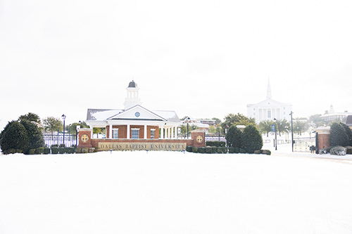 DBU campus entrance with snow on the ground
